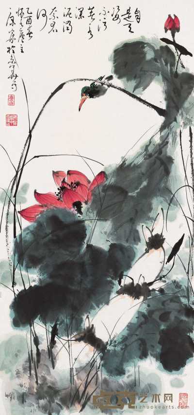 康宁 乙丑（1985年）作 荷花翠鸟 镜心 97.7×46.1cm